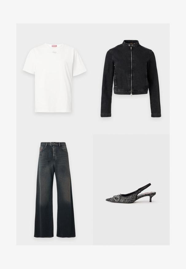 Veste en jean noire avec un design cropped, col montant, fermeture éclair à l'avant et détails à boutons. Texture lisse et style minimaliste.; T-shirt en coton blanc avec un col rond, des manches courtes et un petit logo argenté sur le devant. Design simple et épuré.; Jeans à jambes larges en denim délavé foncé avec une texture légèrement estompée, dotés d'une fermeture à boutons et de poches arrière avec des détails de couture.; Escarpin noir avec bride arrière, talon kitten, bout pointu, motif texturé et détail de boucle argentée sur fond blanc.