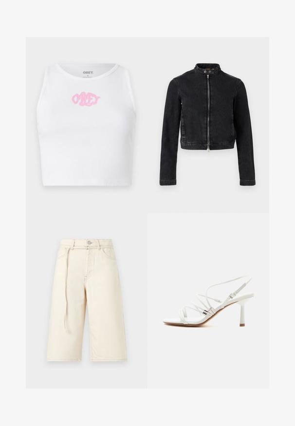 Chaqueta vaquera negra con diseño recortado, cuello alto, cremallera frontal y detalles de botones. Textura suave y estilo minimalista.; Top corto blanco de canalé con un logo rosa de "OBEY" en el centro. Diseñado con un escote redondo y sin mangas.; Pantalones cortos vaqueros color crema hasta la rodilla con trabillas para cinturón, botón delantero, cremallera, bolsillos y una tira de tela suelta colgando en el lado izquierdo.; Sandalia blanca de tacón alto con tiras finas, detalles plateados, puntera cuadrada y un tacón delgado de altura media sobre un fondo blanco liso.