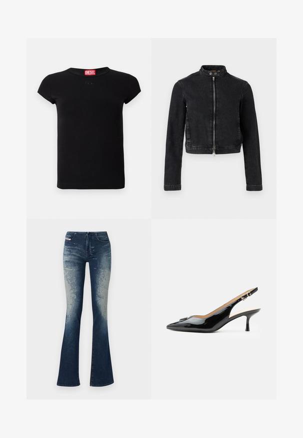 Zwarte spijkerjasje met een cropped ontwerp, opstaande kraag, ritssluiting aan de voorkant en knoopdetails. Soepele textuur en minimalistische stijl.; Zwarte korte mouwen fitted t-shirt met ronde halslijn en rood Diesel logo label binnenin de kraag.; Uitlopende denim jeans met een donkerblauwe wassing en lichtere vervaging, gestructureerd oppervlak en een ritssluiting. Vijf zakken ontwerp met merklabel.; Zwarte lakleren slingback hak met spitse neus, kleine kittenhak en zilveren gespsluiting op een effen witte achtergrond.