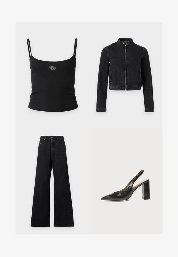 Veste en jean noire avec un design cropped, col montant, fermeture éclair à l'avant et détails à boutons. Texture lisse et style minimaliste.; Haut caraco noir côtelé avec fines bretelles et petit logo métallique au centre. Le tissu semble extensible et près du corps.; Jeans noirs à jambes larges, confectionnés en denim, avec une taille haute, un design à cinq poches et un détail de couture subtile sur le devant.; Chaussure slingback en cuir noir à bout pointu avec un talon bloc haut et une doublure intérieure beige sur un fond clair uni.