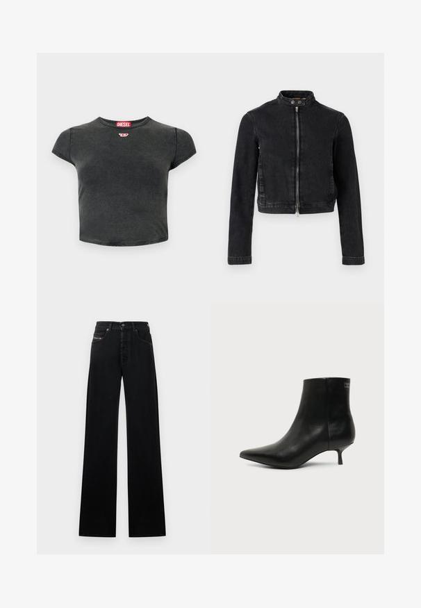 Zwarte spijkerjasje met een cropped ontwerp, opstaande kraag, ritssluiting aan de voorkant en knoopdetails. Soepele textuur en minimalistische stijl.; Zwart, gecropped t-shirt van katoen met een ronde halslijn en korte mouwen. Bevat een klein rood logo en een vervaagde textuur.; Zwarte wijde spijkerbroek gemaakt van denim, met een sluiting met knopen aan de voorkant, vijf zakken en een klein logoplaatje op de tailleband.; Zwart leren enkellaars met puntige neus en lage kittenhak op lichte achtergrond, zijaanzicht buitenkant.