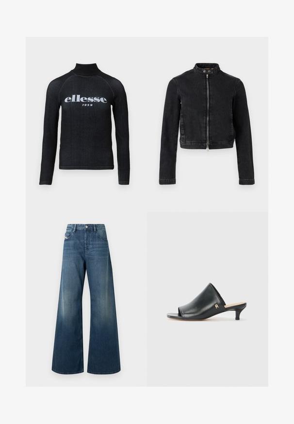 Sort denimjakke med cropped design, ståkrave, frontlynlås og knapdetaljer. Glat tekstur og minimalistisk stil.; Sorte langærmet top med høj krave, udstyret med et hvidt trykt "ellesse 1959" logo over brystet; glat, strækbart stof.; Vidbenede jeans i mørkeblå denim med en falmet finish, traditionelt design med fem lommer og en metal knaplukning i taljen.; Sorte læder open-toe mules med en lav hæl. Har en glat overflade og et guld logo-prim på siden.