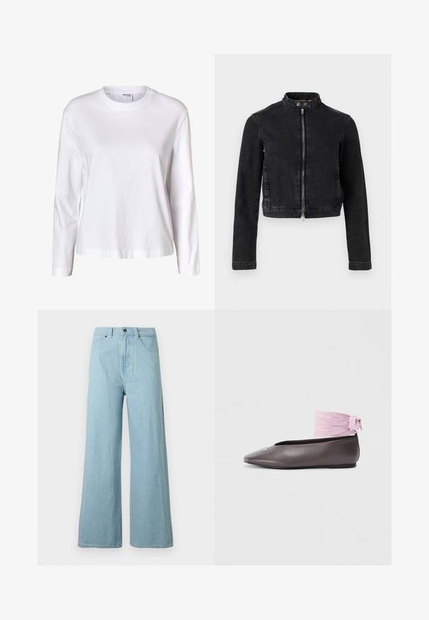 Chaqueta vaquera negra con diseño recortado, cuello alto, cremallera frontal y detalles de botones. Textura suave y estilo minimalista.; Camisa blanca lisa de mujer con mangas largas, cuello redondo, bajo recto y sin patrones ni logos visibles.; Vaqueros de mezclilla de pierna ancha azul claro con botón frontal, cierre de cremallera, trabillas para cinturón y bolsillos laterales sobre un fondo blanco.; Zapato plano marrón con punta, detalle decorativo plateado y cinta rosa para el tobillo sobre fondo blanco.