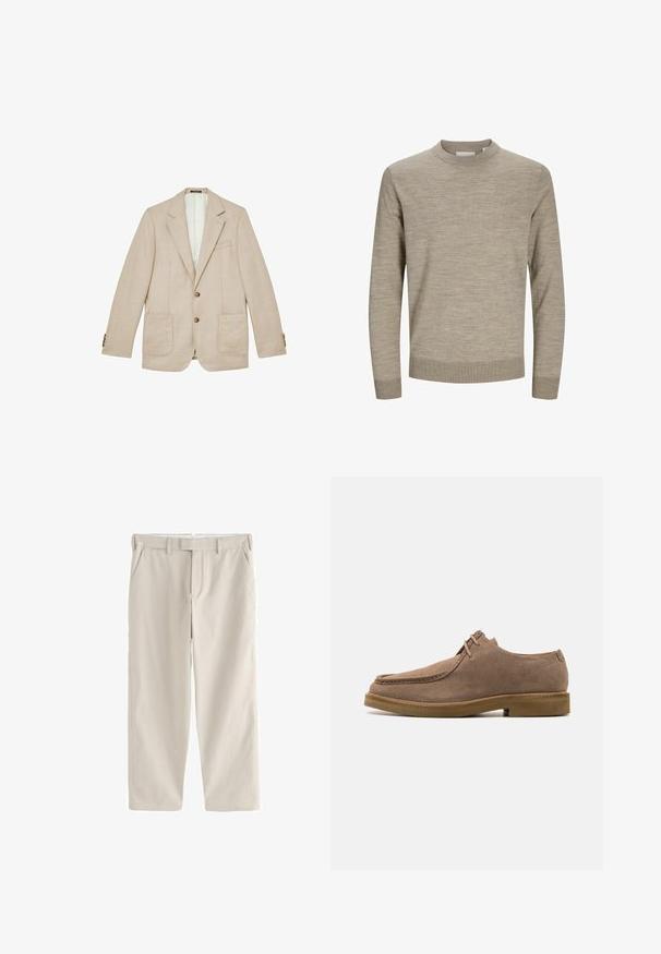 Beige single-breasted blazer met notch-revers, twee opgestikte voorzakken, borstzak en twee bruine knopen in het midden.; Beige lange mouw trui met ronde hals, geribbelde manchetten en zoom, weergegeven op een witte achtergrond.; Beige rechte broek met riemlussen, zijzakken en een ritssluiting aan de voorkant, plat liggend op een witte achtergrond.; Zign LEATHER - Sportieve veterschoenen - taupe