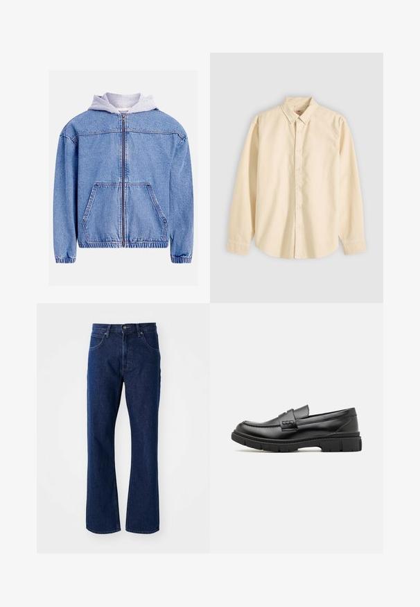 Denimjakke med en lyseblå vask, der har en grå hætte, lynlås foran, to forlommer og elastisk kant samt manchetter.; Langærmet beige skjorte med knapper og krave, lagt fladt med knapperne lukket og manchetterne knappede på en lys baggrund.; Mørkeblå lige ben denim jeans med knap- og lynlås-lukning, bæltestropper og forlommer på en ensfarvet baggrund.; Sort læder loafersko med en bred rem over forfoden, gummisål med tykke mønstre og glat overflade. Klassisk, slankt design.