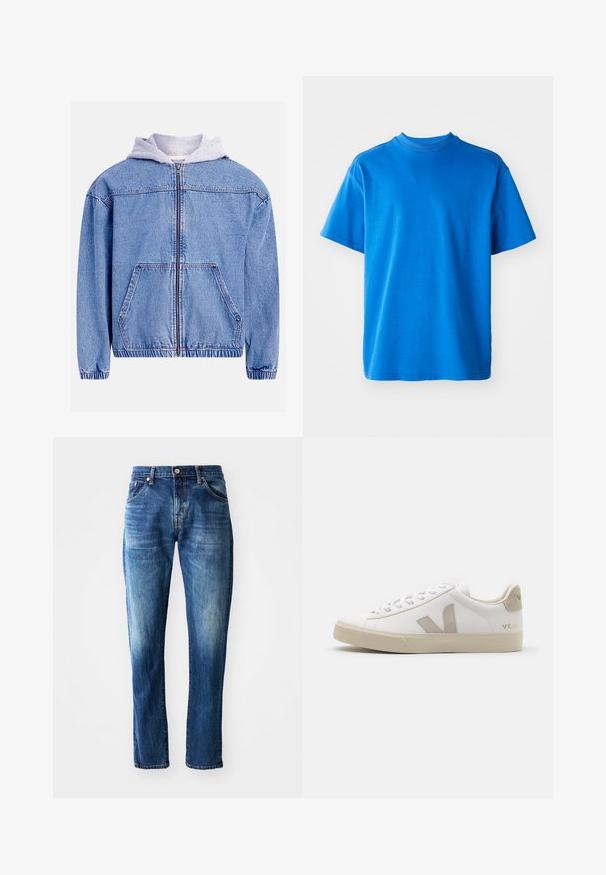 Jeansjacke mit hellblauer Waschung, mit grauer Kapuze, Frontreißverschluss, zwei Fronttaschen sowie elastischem Saum und Bündchen.; Blaues Baumwoll-T-Shirt mit Rundhalsausschnitt, kurzen Ärmeln und lockerer Passform. Glatte Textur und schlichtes Design ohne Muster oder Akzente.; Dunkelblaue Denim-Jeans mit geradem Bein, fünf Taschen, ausgefranster Optik und einem vorderen Knopfverschluss mit Reißverschluss.; Weiße Ledersneaker mit beigen Akzenten, flacher Gummisohle, runder Zehenpartie und kontrastierendem Logo an der Seite und Rückseite. Mit Schnürdesign.