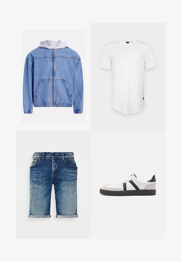 Chaqueta vaquera con lavado azul claro, con capucha gris, cierre frontal con cremallera, dos bolsillos delanteros y dobladillo y puños elásticos.; Camiseta blanca de manga corta hecha de algodón, con un escote redondo y una parte trasera ligeramente alargada, con un pequeño logotipo en el lateral.; Shorts de mezclilla en azul medio con un acabado ligeramente desgastado. Presentan dobladillos doblados, diseño de cinco bolsillos y cierre de botón de metal.; Zapatilla blanca con acentos en negro y gris, que presenta una puntera texturizada en gris, suela de goma negra y cordones planos blancos. Diseño limpio, estilo minimalista.