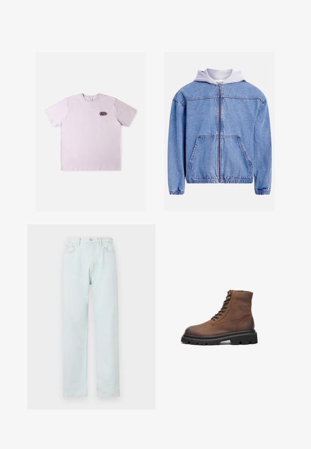 Denimjakke med en lyseblå vask, der har en grå hætte, lynlås foran, to forlommer og elastisk kant samt manchetter.; Lyserød bomuld T-shirt med korte ærmer, med en lille flerfarvet logo på venstre brystområde. Enkel, afslappet design.; Lyseblå lige bukser lavet af denim, med knaplukning, diskret slid, og fem-lomme design.; Brun læder ankelstøvle med rund tå, snørebånd fortil, metaløjer og en tykk sort gummisål med skridsikret mønster.