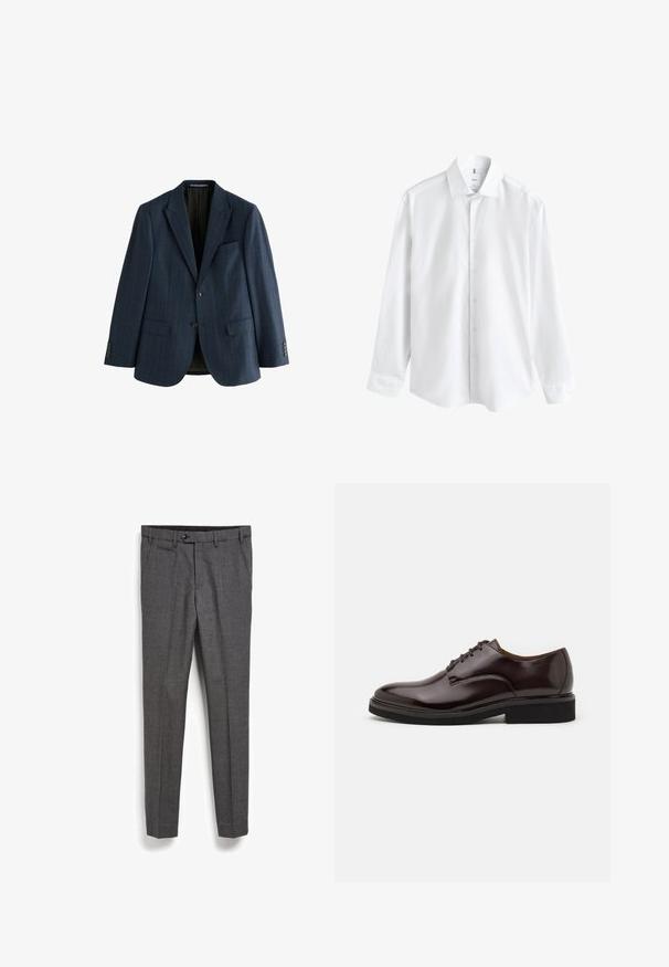 Blazer azul marino de tela texturizada, con solapa muesca, dos bolsillos frontales y acentos de tres botones en los puños.; Camisa blanca de manga larga con botones y cuello, mostrada sobre un fondo blanco liso.; Pantalones gris ajustados con una tela texturizada, bolsillo frontal y un diseño de pierna recta. Presentan un cierre de botón en la cintura.; Zapato Oxford de cuero marrón con acabado brillante, punta redonda, diseño con cordones y suela gruesa de goma negra. Detalle de costura en la parte superior.