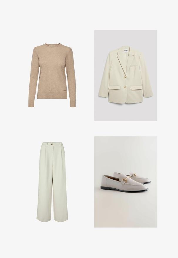 Béžový blazer so štruktúrovaným dizajnom, s jednoradovým zapínaním vpredu, dvoma klopovými vreckami, jedným vreckom na hrudi a zlatými gombíkovými detailmi. Hladká textura.; Bežový sveter s dlhým rukávom a okrúhlym výstrihom, vyrobený z mäkkého, textúrovaného materiálu, s jemným logom pri leme.; Krémské nohavice s vysokým pásom a širokými nohavicami, s pútkami na opasok, zapínaním na gombík a prednými záhybmi, navrhnuté pre pohodlný strih.; Svetlo šedé kožené loafery s elegantným dizajnom, zdobené zlatými akcentmi a čiernou podrážkou. Hladká textúra a tvar špičky v tvare bodca.
