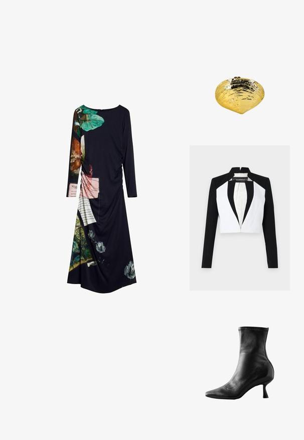 Geknipte blazer met zwart-witte panelen, lange mouwen en een rits aan de voorkant. Heeft een reverskraag en een gladde stofstructuur.; Het zwarte lange mouwjurk heeft levendige bloemen- en tekstprints, een gestructureerde stof en geplooide details aan één kant, wat zorgt voor een dynamische uitstraling.; Zwarte leren enkelboot met een spitse neus, aangesloten ontwerp en een lage, uitlopende hak, met een gladde textuur en minimale stikdetails.; Glinsterende gouden decoratieve schaal in de vorm van een schelp met een reflecterend oppervlak op een witte achtergrond.