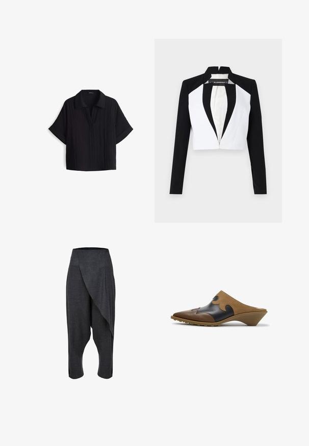 Geknipte blazer met zwart-witte panelen, lange mouwen en een rits aan de voorkant. Heeft een reverskraag en een gladde stofstructuur.; ZwarteT-shirt met korte mouwen en een kraaghalslijn, gemaakt van een textuur- en ribstof en met een losse pasvorm. Geen zichtbare sluitingen.; Donkergrijze, lichtgewicht stoffen broek met een asymmetrisch gedrapeerd ontwerp, verkorte lengte en zijsplitten voor comfort en beweging.; Bruine en zwarte leren instap-mules met puntige neus en lage schuine hak, met decoratieve stiksels en golvende suède bovenaccenten.