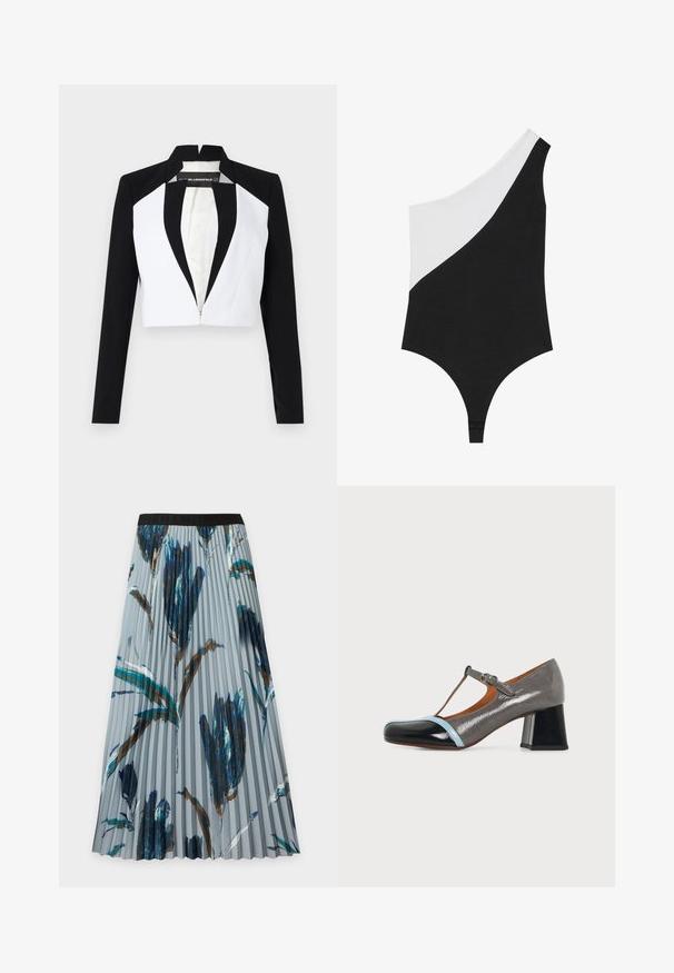 Blazer court avec des panneaux noirs et blancs, manches longues et fermeture éclair à l'avant. Présente un col cranté et une texture de tissu lisse.; Maillot de bain asymétrique avec un design en blocs de couleurs, noir d'un côté et blanc de l'autre. Fabriqué en tissu lisse avec une coupe échancrée.; Jupe midi plissée avec ceinture élastique noire et grands motifs floraux abstraits bleu, sarcelle et marron sur tissu gris clair.; Chaussure femme grise en cuir verni à bride en T avec bout noir, accent bleu clair et talon bloc sur fond uni.