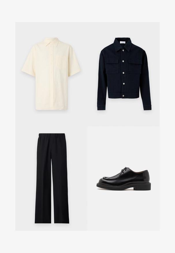 Veste noire à boutons avec deux poches à rabat à l'avant, un col et des manches longues, présentée sur un fond blanc.; Chemise à manches courtes boutonnée en crème pâle, fabriquée à partir d'un tissu texturé, avec une poche poitrine et un col classique.; sandro LARGE - Pantalon classique - noir; Chaussure en cuir noir avec un bout arrondi, des détails cousus, des lacets minimalistes et une semelle en caoutchouc épaisse pour une meilleure traction et durabilité.