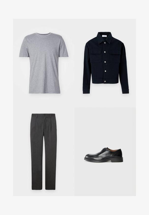 Sort skjortejakke med to frontlommer med klap, krave og lange ærmer, vist mod en hvid baggrund.; Grå, kortærmet t-shirt lavet af en bomuldsblanding, der har en klassisk crew neckline og en glat, blød tekstur.; Grå skræddersyede bukser med lige ben, der har en frontfold, lynlås og knaplukning. Glat tekstur, klassisk design.; Sorte lædersko med rund tå, glat overflade, snøre detaljer og en lav, tekstureret gummisål. Rene linjer og minimalistisk design.