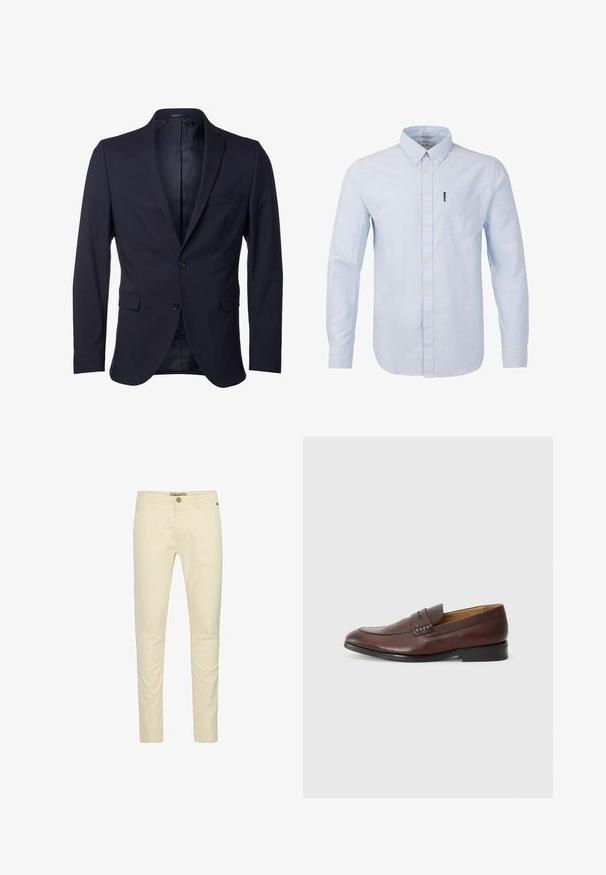 Blazer azul marino hecho de tejido sólido, con cierre de un solo botón, solapas de pico y un bolsillo en el pecho. Forro interior suave.; Camisa de manga larga de botonadura en azul claro, con cuello, bolsillo frontal y botones blancos. Está hecha de una tela texturizada para un aspecto casual.; Chinos de algodón beige con un corte slim, que cuentan con un cierre de botón y un detalle de costura sutil en los bolsillos. Textura suave con un acabado pulido.; JOOP! KLEITOS - Zapatos sin cordones - brown