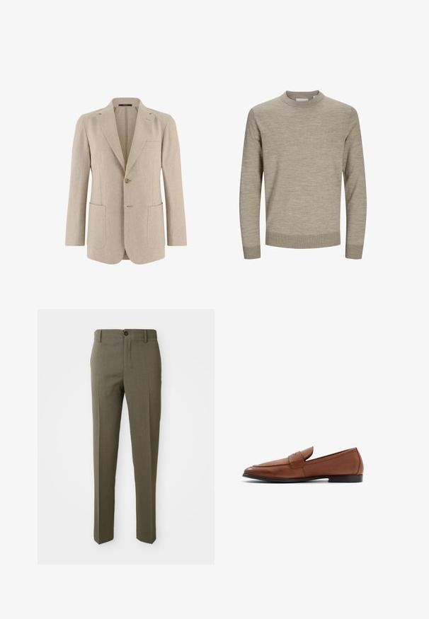 Blazer beige pour homme à un bouton avec revers crantés, deux grandes poches avant et une poche poitrine passepoilée, confectionné en tissu léger.; Pull beige à manches longues avec col rond, poignets et ourlet côtelés, présenté sur un fond blanc.; Pantalons ajustés vert olive avec une texture lisse, coupe droite, bouton avant unique et poches latérales pour la fonctionnalité.; Mocassins en cuir marron avec une silhouette basse, un bout rond et des détails en couture sur le devant. Semelle noire solide avec une finition lisse.