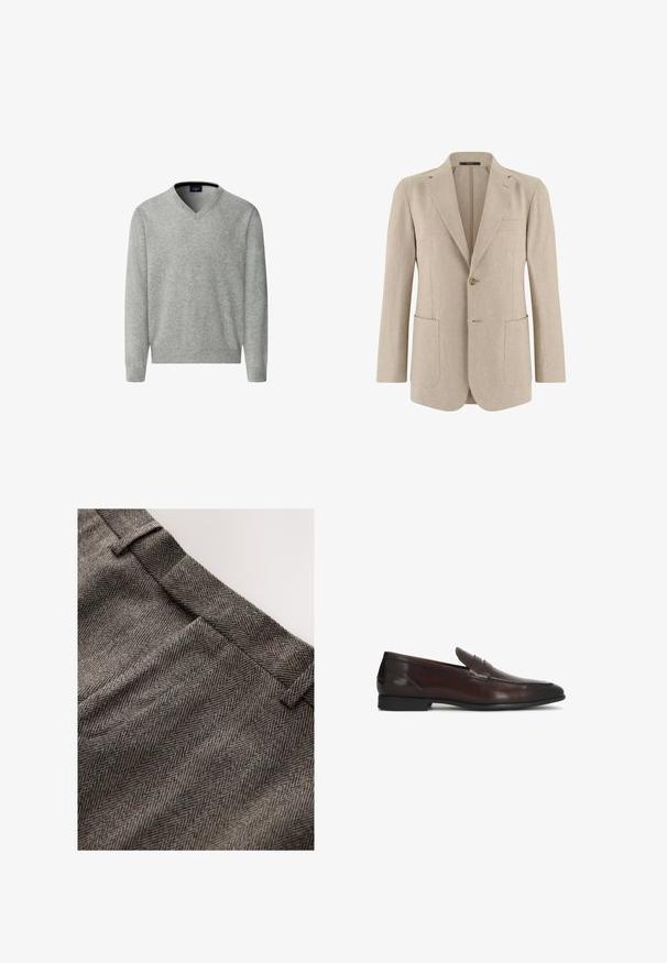 Beige herreblazer med enkelt knap, hakkede revers, to store forlommer og en brystlomme med kant, lavet af let stof.; Hackett London Striktrøje - metal grey; Brunt stof med fiskebenmønster og glat tekstur, med en flad linning og diskrete folder foran.; Mørkebrune læder penny loafers med lav hæl og rundet tå, klassisk slip-on design, sideprofil på hvid baggrund.