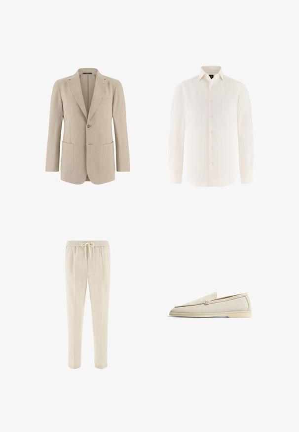 Blazer beige pour homme à un bouton avec revers crantés, deux grandes poches avant et une poche poitrine passepoilée, confectionné en tissu léger.; Chemise de ville blanche à manches longues avec de discrètes rayures verticales, boutonnée à l'avant, col classique et poignets boutonnés.; Pantalon beige à taille élastique avec poches avant et coupe droite, conçu pour une tenue décontractée ou relaxée.; Scarosso LUDOVICO - Chaussons - sand suede