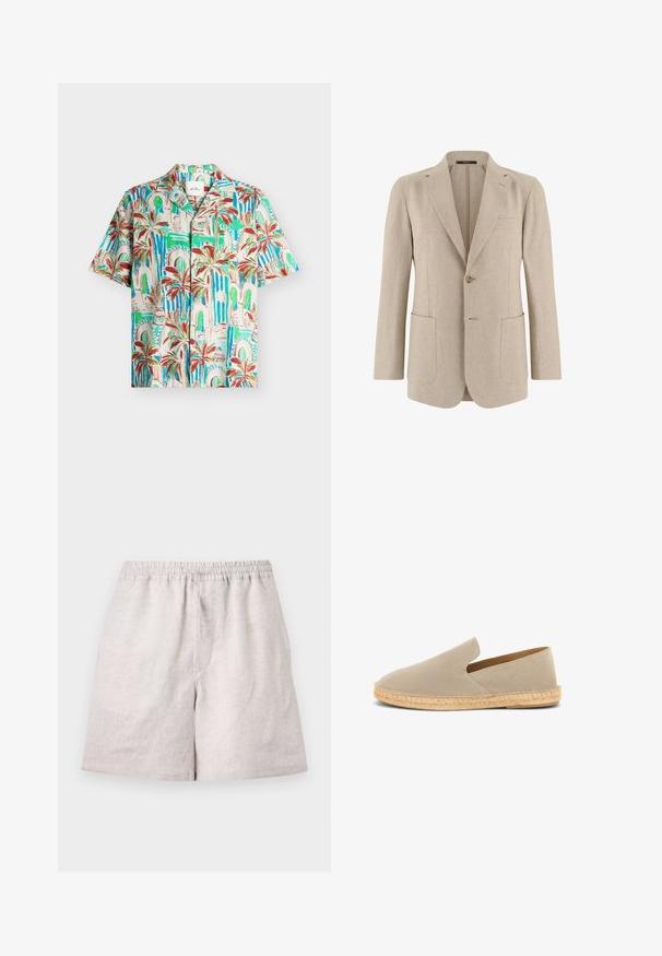 Blazer beige pour homme à un bouton avec revers crantés, deux grandes poches avant et une poche poitrine passepoilée, confectionné en tissu léger.; Chemise à manches courtes boutonnée avec imprimé palmiers tropicaux et arcade en tons verts, bleus, rouges et beiges sur un fond clair.; Shorts en lin beige clair avec taille élastique et cordon, longueur au genou, disposés à plat sur fond blanc.; Espadrille beige en daim à enfiler avec semelle enveloppée de jute et petit talon, vue latérale sur fond blanc.