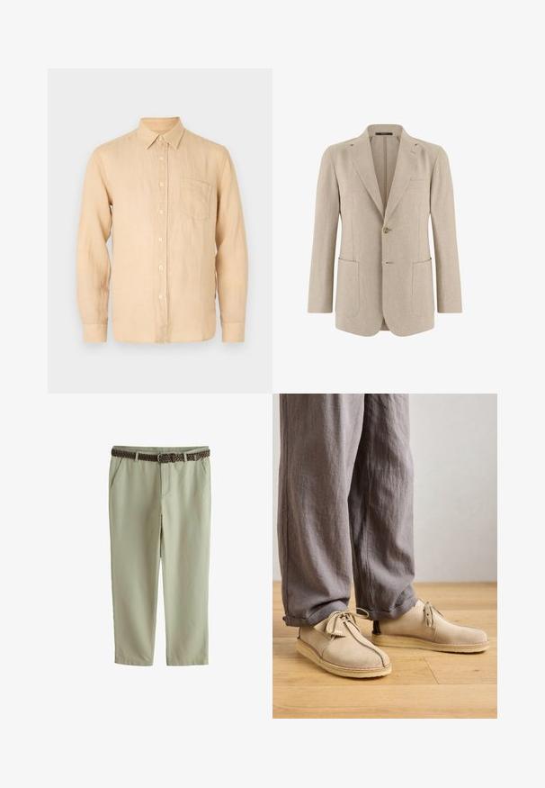 Beige herreblazer med enkelt knap, hakkede revers, to store forlommer og en brystlomme med kant, lavet af let stof.; Beige langærmet skjorte i linned med knapkrave, frontlomme og en glat, let struktureret overflade. Klassisk pasform og enkelt design.; Lyse beige bukser med lige ben, sidelommer, foran lynlås og et vævet brunt bælte med et sølvspænde.; Beige ruskindssko med rund tå, snørredetaljer og sømme, parret med løse grå linnedbukser på et trægulv.