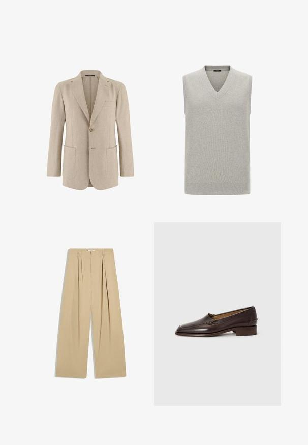 Blazer beige pour homme à un bouton avec revers crantés, deux grandes poches avant et une poche poitrine passepoilée, confectionné en tissu léger.; Pull sans manches gris clair avec un col en V et une texture côtelée ; ourlet droit et sans embellissements supplémentaires.; Pantalon beige à jambes larges avec plis à l'avant, passants de ceinture et taille haute, présenté à plat sur fond blanc.; Mocassins en cuir marron avec un bout légèrement pointu, un petit talon empilé et des coutures décoratives sur le dessus. Texture lisse, design minimaliste.