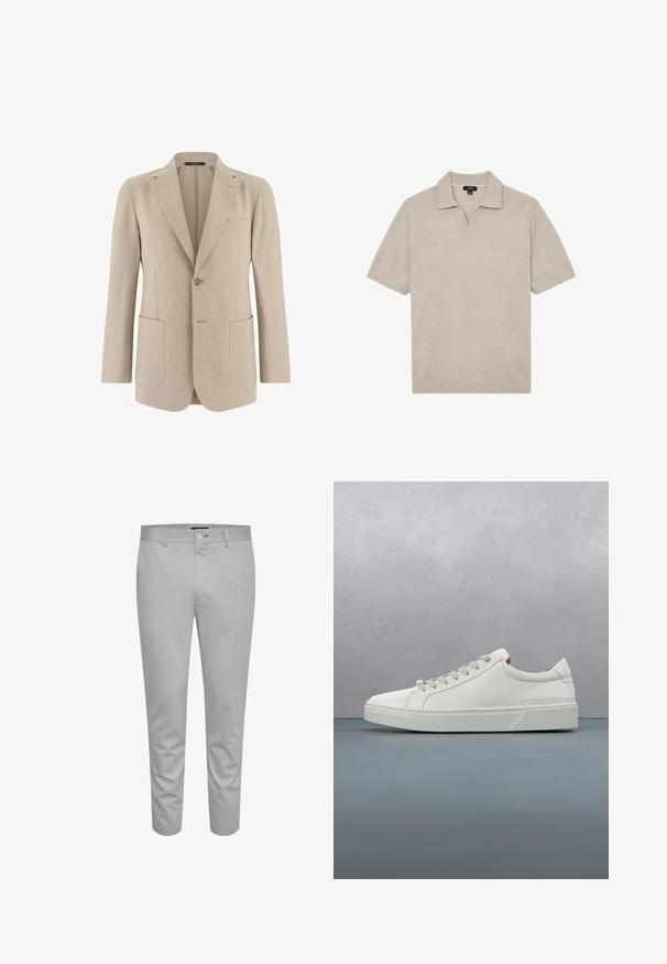 Beige herenblazer met één knoop, revers met inkeping, twee grote voorzakken en een borstzakje, gemaakt van lichtgewicht stof.; Beige gebreide polo met korte mouwen, kraag en V-hals, plat neergelegd op een witte achtergrond.; Lichtgrijze op maat gemaakte broeken met een gladde textuur, voorzien van een knoopsluiting, riemlussen en voorzakken. Cropped enkellange ontwerp.; Witte leren sneaker met een ronde neus, minimalistisch ontwerp, grijze veters en een gestructureerde grijze rubberen zool. Fijne stikdetails zichtbaar.