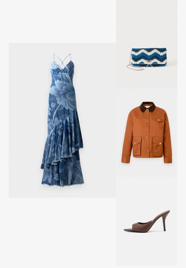 Braune Baumwolljacke mit einem Velourslederkragen, Druckknöpfen und zwei aufgesetzten Taschen vorne. Enthält eine kleine Tasche auf der linken Brustseite.; Bla dresses mit einem geschichteten Rüschendesign, Spaghetti-Trägern und einer strukturierten Oberfläche. Verfügt über ein auffälliges Blumenmuster und einen ausgefransten Saum.; Braune Leder-Open-Toe-Hochhackige Mules mit einem eleganten Design, das einen breiten Vorderriemen und einen schlanken Stiletto-Absatz aufweist.; Blau, marineblau und weiße gehäkelte Clutch mit Zickzackmuster und silberner Kette, vor einem weißen Hintergrund dargestellt.