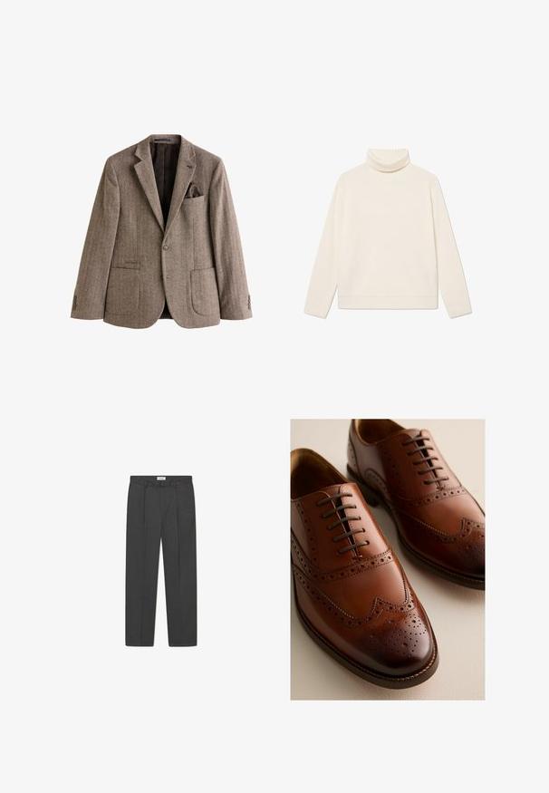 Blazer marrón de espiga hecho de una tela texturizada, con un bolsillo en el pecho que incluye un pañuelo, dos bolsillos frontales y puños abotonados.; Jersey de cuello alto de canalé en color crema, hecho de una tela suave, con mangas largas y un corte relajado, que presenta un cuello doblado y un dobladillo.; Pantalones grises a medida con un sutil patrón de cuadro, tejido texturizado y pliegues delanteros, presentando una cinturilla con pasadores para cinturón.; Zapatos Oxford de cuero marrón pulido con detalles de picado y cordones cerrados sobre una superficie clara, mostrados en vistas frontal y lateral.