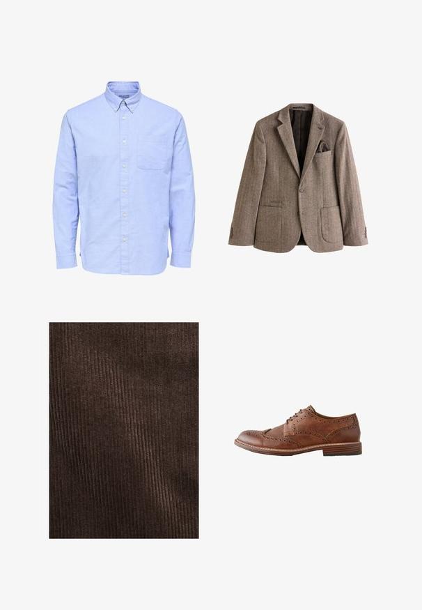 Brauner Fischgrät-Blazer aus strukturiertem Stoff, mit einer Brusttasche und Taschentuch, zwei Fronttaschen und knöpfbaren Manschetten.; Hellblaues langärmeliges Hemd mit Knöpfen, geknöpftem Kragen und einer einzelnen Brusttasche auf der linken Seite.; Braunes Cordura-Gewebe mit vertikalen Rippungen, weicher Textur und einer tiefen, reichen Farbe, geeignet für Polsterungen oder Kleidung.; Brauner Leder-Herren-Wingtip-Oxford-Schuh mit Brogue-Details und gestapeltem Holzabsatz, seitlich auf weißem Hintergrund gezeigt.