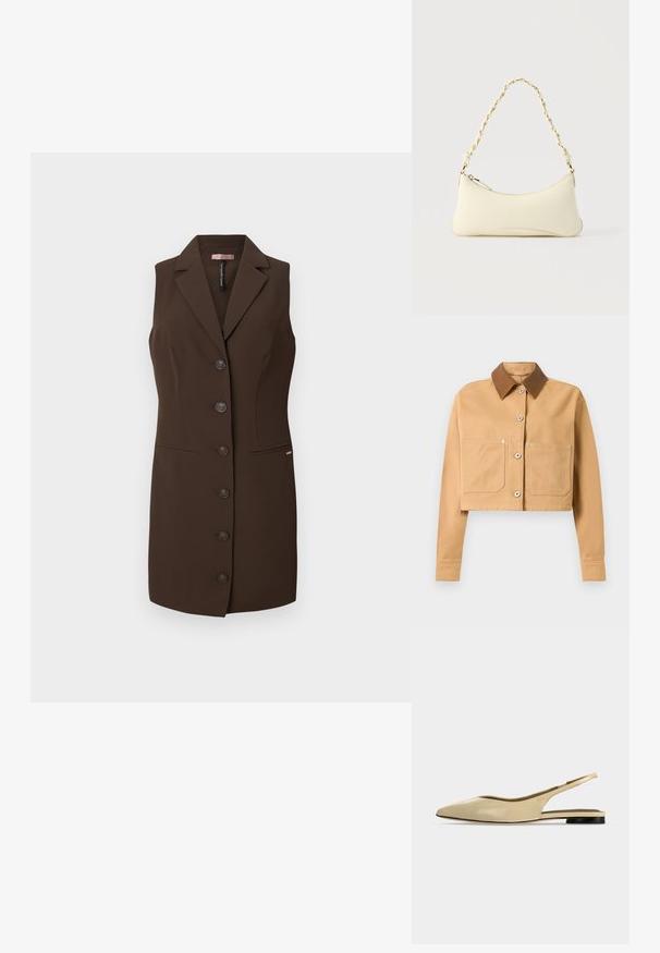 Chaqueta recortada beige con mangas largas, dos bolsillos frontales, botones plateados y un cuello puntiagudo en marrón oscuro sobre un fondo blanco.; Chaleco sin mangas marrón con un diseño ajustado, solapa de muesca y seis botones. Cuenta con dos bolsillos frontales y una textura suave.; Zapato plano beige con puntera puntiaguda, diseño slingback, tacón bajo negro y acabado en cuero liso, mostrado de perfil sobre un fondo liso.; Bolso pequeño de color crema con forma curva y asa de cadena trenzada en tono dorado, cierre con cremallera en la parte superior