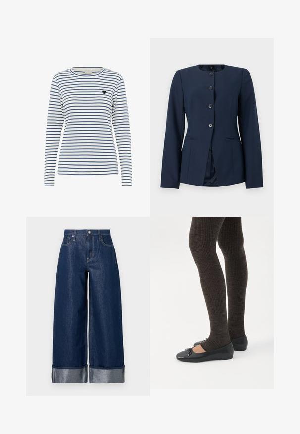 Blazer azul marino para mujer con cuello redondo, cuatro botones negros en la parte delantera, mangas largas y bolsillos laterales con aberturas.; Camisa de manga larga a rayas en blanco y azul marino, con un cuello redondo y un pequeño acento de corazón negro en el lado izquierdo del pecho. Textura de tejido suave.; Pantalones vaqueros de mezclilla azul oscuro de pierna ancha con cintura alta, diseño de cinco bolsillos y puños doblados que muestran una tela interior más clara.; Piernas con leggings oscuros acanalados combinados con bailarinas negras que presentan pequeños detalles de lazo sobre un fondo blanco.