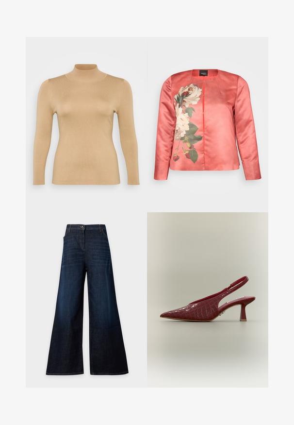 Veste en satin corail présentant un motif floral de roses blanches et de feuilles vertes, avec un col rond et une fermeture à l'avant. Manches longues incluses.; Haut en beige à col roulé, à manches longues, avec une texture côtelée, une coupe ajustée et un col haut. Matériau lisse sans embellissements visibles.; Jean en denim bleu foncé à jambes larges, fermeture à boutons et zip, poches avant et coutures apparentes.; Escarpin à talon haut slingback en cuir verni rouge avec texture crocodile et bout pointu sur fond neutre.