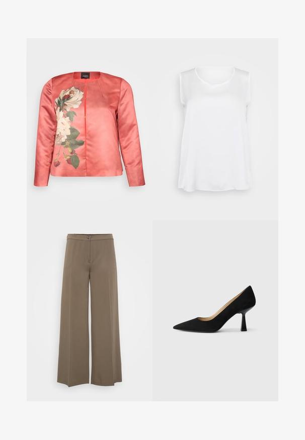 Korallfarvet satinjakke med blomsterprint af hvide roser og grønne blade, rund neckline og lukning foran. Lange ærmer inkluderet.; Hvid ærmeløs top med en glat tekstur, v-hals og afslappet pasform. Lidt buet kant og sideslids for forbedret bevægelse.; Breddebenede bukser i en ensfarvet brun stof, med knaplukning, glat for og blød tekstur, designet til en afslappet pasform.; Sorte ruskinds højhælede pumps med spids tå, der har en blank sort blokhæl og en glat indvendig foring.
