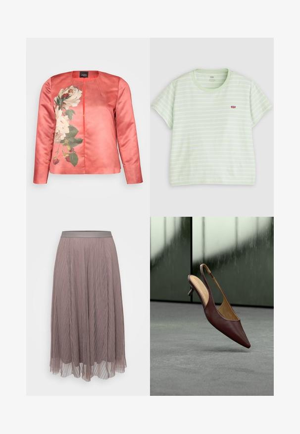 Korallfarvet satinjakke med blomsterprint af hvide roser og grønne blade, rund neckline og lukning foran. Lange ærmer inkluderet.; Lysegrøn og hvid kortærmet T-shirt med vandrette striber, rund hals og lille rødt Levi's-logo på brystet.; Plisseret midiskørt i blød mauve med en glat satin-linning. Letvægts, flydende materiale med lodrette striber og gennemsigtige lag.; Mørkebrun læder slingback hæl med spids tå suspenderet over en grå gulv mod en sløret glasvindu baggrund.