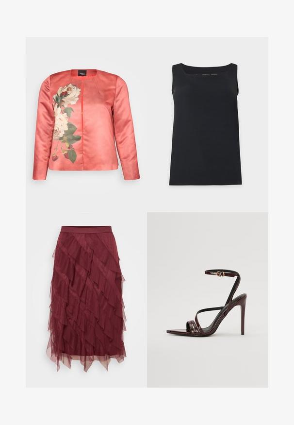 Korallfarvet satinjakke med blomsterprint af hvide roser og grønne blade, rund neckline og lukning foran. Lange ærmer inkluderet.; Sort ærmeløs tanktop med firkantet halsudskæring, vist på en enkel lys baggrund.; Burgunderfarvet, lagdelt tylskørt med en tætsiddende talje, der har bølgede lag, som skaber et struktureret udseende og bevægelse.; Bordeaux laker læder højhælede sandal med ankelrem, spids tå og tre vandrette remme over foden. Detalje med spænde i guldtonet.