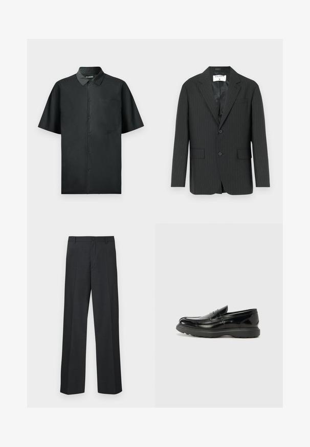 Sort blazer med nålestriber, enkeltstukket design, to forlommer og en hakket revers. Glat satinforing indvendigt.; Kortærmet sort skjorte med knapper lavet af glat stof, med en enkelt brystlomme og subtil broderet detalje på forsiden.; Mørkegrå bukser med lige ben, lavet af tekstureret stof, med enkel knaplukning og sidelommer.; Sort læderloafer med en blank finish, rund tå, subtile syninger og en tyk gummisål for holdbarhed.