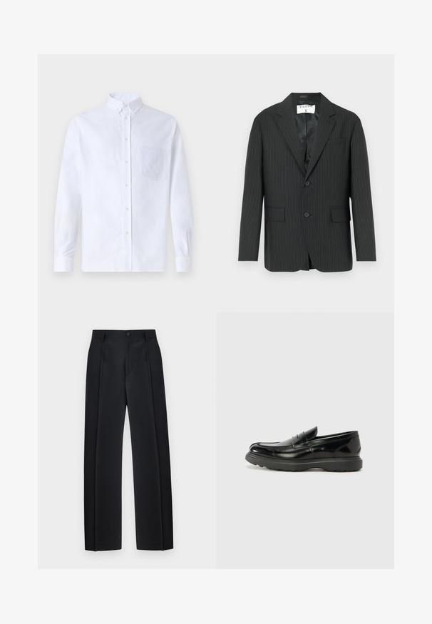 Sort blazer med nålestriber, enkeltstukket design, to forlommer og en hakket revers. Glat satinforing indvendigt.; Hvid langærmet skjorte med knapper lavet af bomuld, med en brystlomme med tonal broderi, krave og knapmanchetter.; Sorte skræddersyede bukser med lige ben, forreste folder, bæltestropper og knaplukning ved taljen.; Sort læderloafer med en blank finish, rund tå, subtile syninger og en tyk gummisål for holdbarhed.