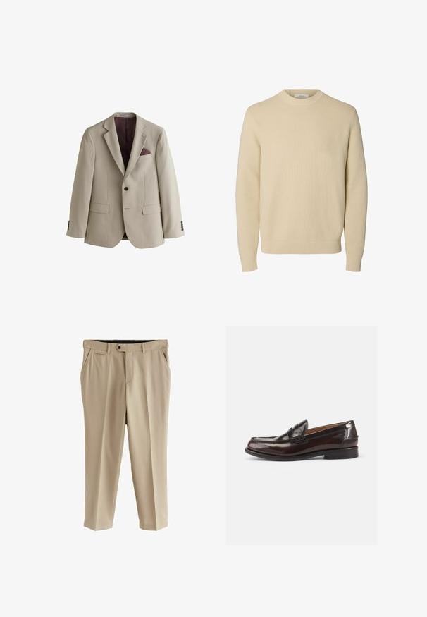 Beige enkeltradet herreblazer med hakkede reverser, en sort knap, to forlommer med klapper og et mørkerødt lommetørklæde.; Enkel beige crewneck striktrøje med lange ærmer og ribstrikkede manchetter og kant.; Beige bukser lavet af glat stof, med flad front, sidelommer og en enkelt baglomme. Standard talje med knaplukning.; Brune læder loafers med en blank finish, et syet design ved tåen og en lav hæl. Der er også en præget brandingdetalje på siden.