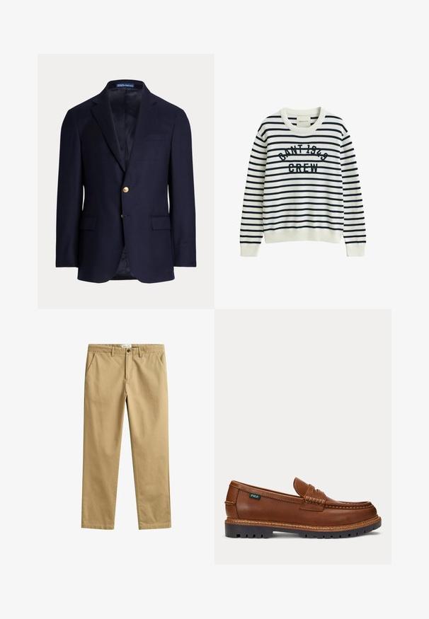 Marineblå herreblazer med to guldknapper, notch revers, lommer med klapper og brystlomme med åbning, foret indvendig, Polo Ralph Lauren mærke inde i kraven.; Hvid sweater med sorte vandrette striber og "GANT 1949 CREW" broderet på brystet, med ribbet rund hals og manchetter.; Beige bukser med lige ben, bæltestropper, lynlås- og knaplukning samt frontlommer, vist fladt mod en hvid baggrund.; Brun læderloafer med syninger, robust sort sål og lille "Polo" mærkat på siden.