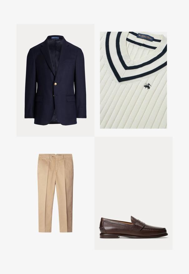 Marineblauwe herensblazer met twee gouden knopen, ingezette revers, klepzakken en een borstbieszak, gevoerde binnenkant, Polo Ralph Lauren label binnenin de kraag.; Witte gebreide trui met marineblauwe horizontale strepen op de V-hals en ribbeltekstuur. Heeft een klein geborduurd logo in marineblauw.; Beige katoenen broeken met een slim-fit pasvorm, voorzien van voorplooien, zijzakken en een knoopsluiting. Gladde textuur, recht pijpdesign.; Donkerbruine leren penny loafer met stikseldetails en lage gestapelde hak, van opzij gezien op een effen achtergrond.