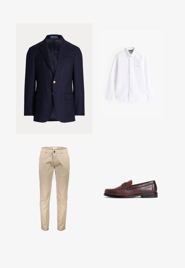 Marineblauer Herrenblazer mit zwei goldenen Knöpfen, Notch-Revers, Pattentaschen und einer Brustleistentasche, gefüttertes Innenfutter, Polo Ralph Lauren-Label innen am Kragen.; Weißes Langarm-Hemd mit Button-Down-Kragen aus Baumwolle. Verfügt über einen modischen Kragen, eine Knopfleiste und ein kleines gesticktes Logo auf der Brust.; Beige Baumwollhosen mit geradem Bein, ausgestattet mit Vordertaschen, Reißverschluss und einem einzelnen Knopfverschluss. Glatte Textur, ohne Muster.; Brauner Lederloafer mit glatter Oberfläche, ausgestattet mit einem dekorativen Riemen und Ziernähten. Niedriger Absatz und abgerundete Zehenform.