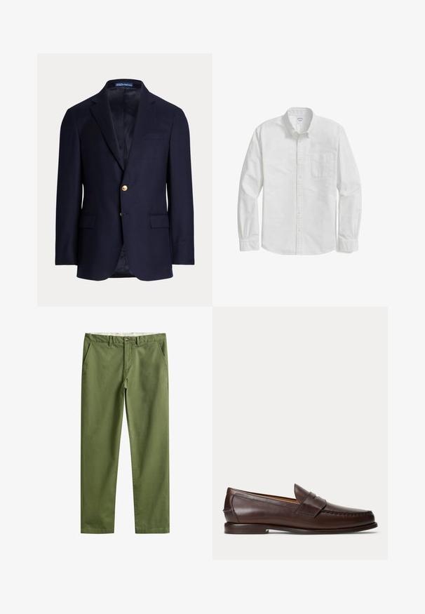 Marineblauwe herensblazer met twee gouden knopen, ingezette revers, klepzakken en een borstbieszak, gevoerde binnenkant, Polo Ralph Lauren label binnenin de kraag.; Witte lange mouwen overhemd met knopen, gemaakt van katoen, met een zak op de linkerkant van de borst, een afgeronde zoom en met knopen sluitende manchet.; Olijfgroene rechte broek met lussen voor een riem, knoop aan de voorkant, ritssluiting en zijzakken.; Donkerbruine leren penny loafer met stikseldetails en lage gestapelde hak, van opzij gezien op een effen achtergrond.