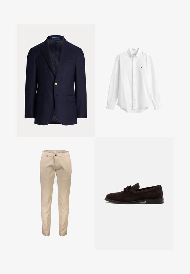 Marineblauwe herensblazer met twee gouden knopen, ingezette revers, klepzakken en een borstbieszak, gevoerde binnenkant, Polo Ralph Lauren label binnenin de kraag.; Wit overhemd met lange mouwen, knopen en kraag, met klein geborduurd logo op de linkerborst, getoond op een effen achtergrond.; Beige katoenen broek met een rechte pijp, voorzien van voorzakken, een ritssluiting en een enkele knoopsluiting. Gladde textuur, zonder patronen.; Donkerbruine suède herensloffer met kwastjes, gestikte details en lage hak, zijaanzicht op een effen achtergrond.