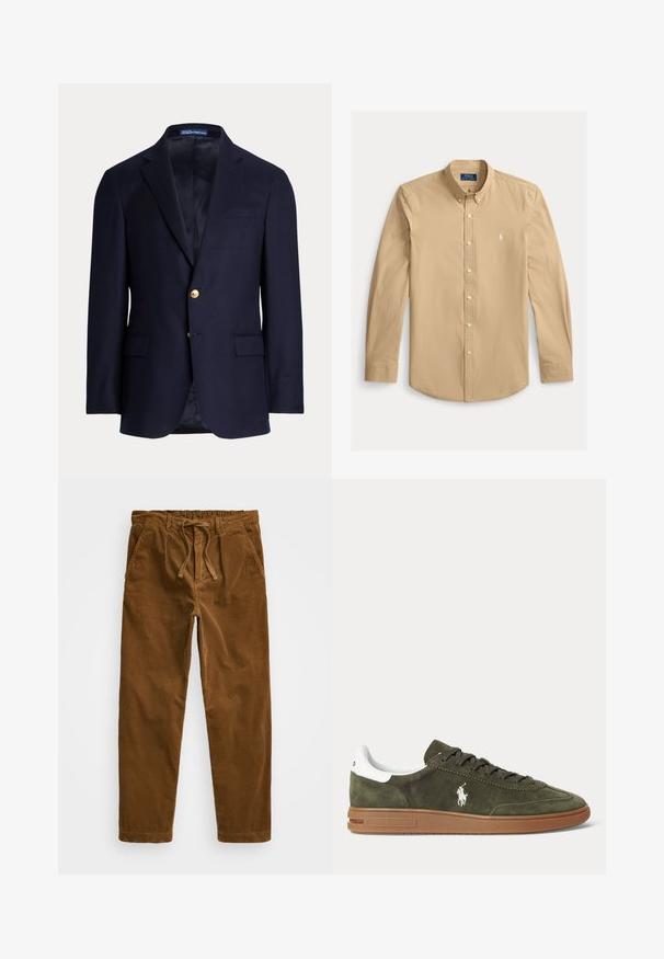 Marineblauer Herrenblazer mit zwei goldenen Knöpfen, Notch-Revers, Pattentaschen und einer Brustleistentasche, gefüttertes Innenfutter, Polo Ralph Lauren-Label innen am Kragen.; Beiges Langarmhemd mit Knopfleiste, Kragen und kleinem gesticktem Logo auf der linken Brust.; Braune Cordhosen mit einem elastischen Bund und Zugband, seitlichen Taschen und geraden Beinen mit strukturiertem Rippenmuster.; Olivgrüner Wildleder-Sneaker mit brauner Gummisohle, weißem Fersenriegel, Schnürung vorne und weißem Ralph Lauren Polo Spieler-Logo auf der Seite.