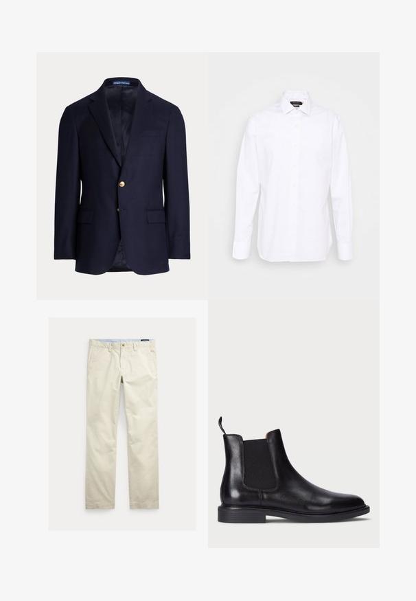 Marineblauer Herrenblazer mit zwei goldenen Knöpfen, Notch-Revers, Pattentaschen und einer Brustleistentasche, gefüttertes Innenfutter, Polo Ralph Lauren-Label innen am Kragen.; Weißes Hemd mit langen Ärmeln, Standardkragen und Knopfleiste mit beigen Knöpfen. Glatte Stoffqualität mit taillierter Passform.; Beige Baumwollhosen mit geradem Bein, Gürtelschlaufen, vorderem Knopf, Reißverschluss und Seitentaschen.; Schwarze Leder Chelsea-Stiefel mit elastischen Seitenteilen, strukturiertem Finish, abgerundeter Spitze und niedrigem, gestapeltem Absatz. Verfügt über eine Zuglasche für leichtes Anziehen.