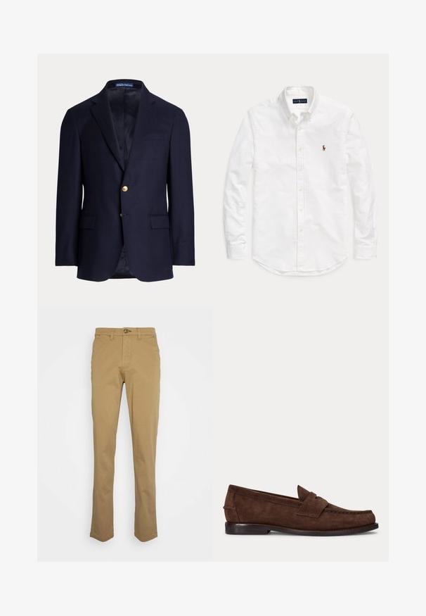 Marineblauwe herensblazer met twee gouden knopen, ingezette revers, klepzakken en een borstbieszak, gevoerde binnenkant, Polo Ralph Lauren label binnenin de kraag.; Witte blouse met lange mouwen, knopen en kraag, met klein geborduurd logo op de linkerborst, plat gelegd op een effen achtergrond.; Khaki chinos met een slim fit, gemaakt van een katoenmix. Voorzien van een knoopsluiting en standaard vijf-pocketontwerp. Soepele textuur.; Bruine suède penny loafer met lage hak en zichtbare stiksels langs de neus, zijkant en achterkant, weergegeven op een effen lichte achtergrond.