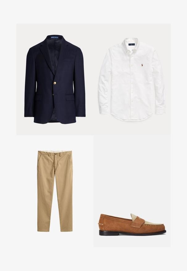 Tumesinine meeste bleiser kahe kuldse nupuga, sälgkraega, klapitaskute ja rinnanööpidega, voodriga, Polo Ralph Laureni silt krae sees.; Valge pika varrukaga nööpidega särk, kraega ja vasakul rinnal väikese tikitud logoga, laotatud tasaselt üheltaustal.; Beežid sirge säärega chinosid vööaukude, eesmise nööbi, tõmbluku ja küljetaskutega, sirgelt valgel taustal kuvatud.; Polo Ralph Lauren ALSTON SUEDE PENNY LOAFER - Jalga libistatavad jalanõud - teak/bone