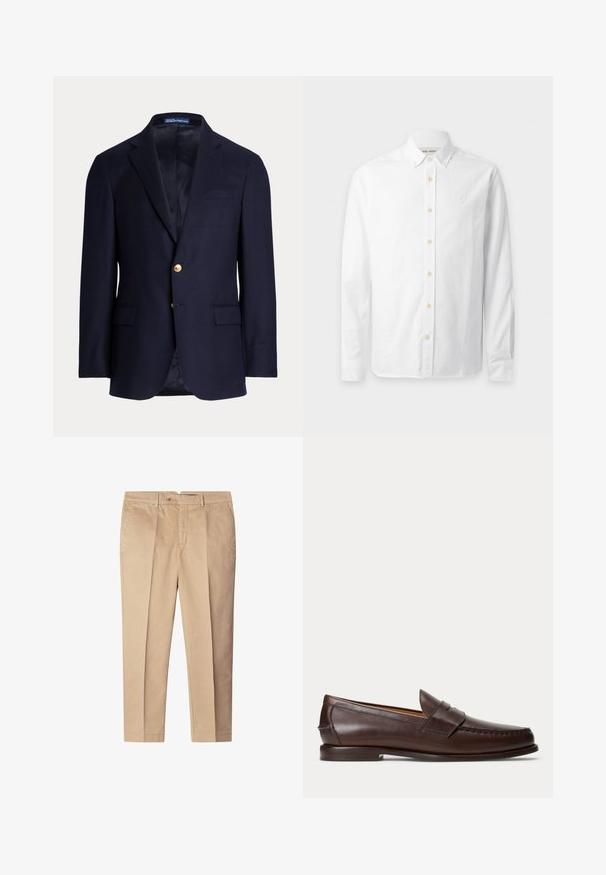 Marineblauer Herrenblazer mit zwei goldenen Knöpfen, Notch-Revers, Pattentaschen und einer Brustleistentasche, gefüttertes Innenfutter, Polo Ralph Lauren-Label innen am Kragen.; Weißes Langarm-Hemd zum Knöpfen mit button-down Kragen und dezent eingewebtem Logo auf der linken Brust.; Beige Baumwollhose mit maßgeschneidertem Schnitt, ausgestattet mit vorderen Falten, Seitentaschen und einem Knopfverschluss. Angenehme Textur, gerades Bein.; Dunkelbrauner Leder-Pennyloafer mit Nahtdetails und niedrigem gestapeltem Absatz, seitlich auf einfachem Hintergrund gezeigt.