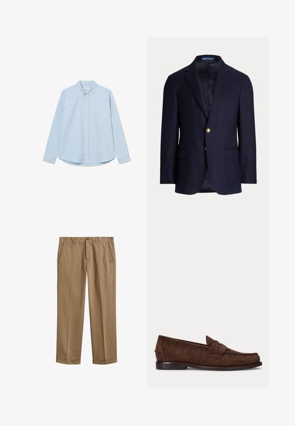 Blazer azul marino para hombre con dos botones dorados, solapas con muesca, bolsillos con solapa y bolsillo en el pecho con ribete, interior forrado, etiqueta Polo Ralph Lauren dentro del cuello.; Camisa de botones de manga larga en un tono azul claro, con cuello puntiagudo, un logo en el pecho y dobladillo redondeado. Fabricada con un tejido suave y textura lisa.; Pantalones chinos beige para hombre con bolsillos laterales, cierre de botones, trabillas para cinturón y dobladillos puños sobre fondo blanco.; Zapato tipo loafer de ante marrón con tacón bajo y costuras visibles en la punta, el lateral y la parte trasera, mostrado sobre un fondo claro y liso.